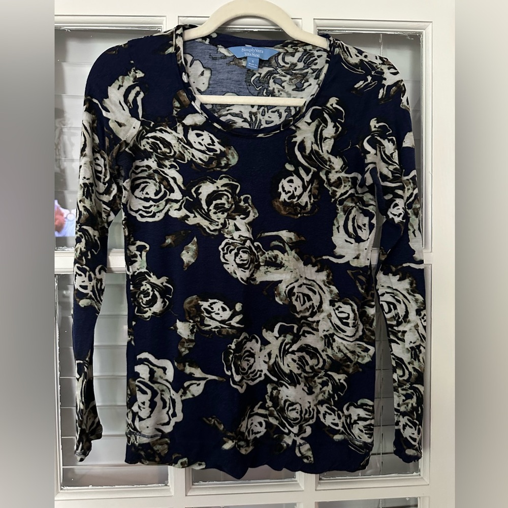 Simply Vera Vera Wang Women’s S Blue Long Sleeve Floral Knit Top | SKU 0889